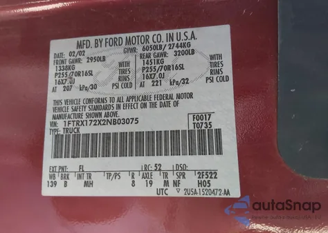 2002 Ford F-150 Xl/Xlt z USA, uszkodzony, nr VIN 1FTRX172X2NB03075